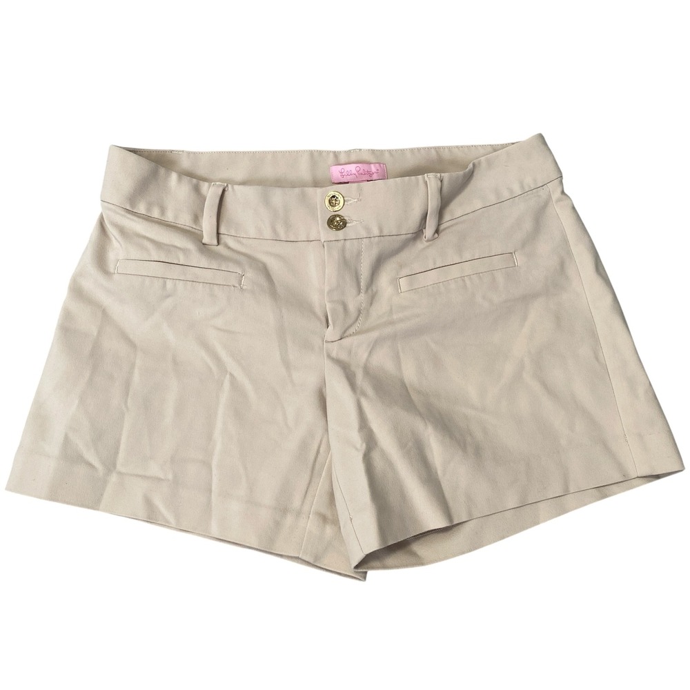 Lilly Pulitzer Khaki Chino Shorts Tan Gold Button Womenโ Size 2